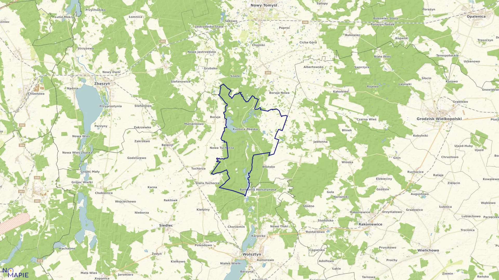 Mapa obrębu KUŹNICA ZBĄSKA w gminie Rakoniewice