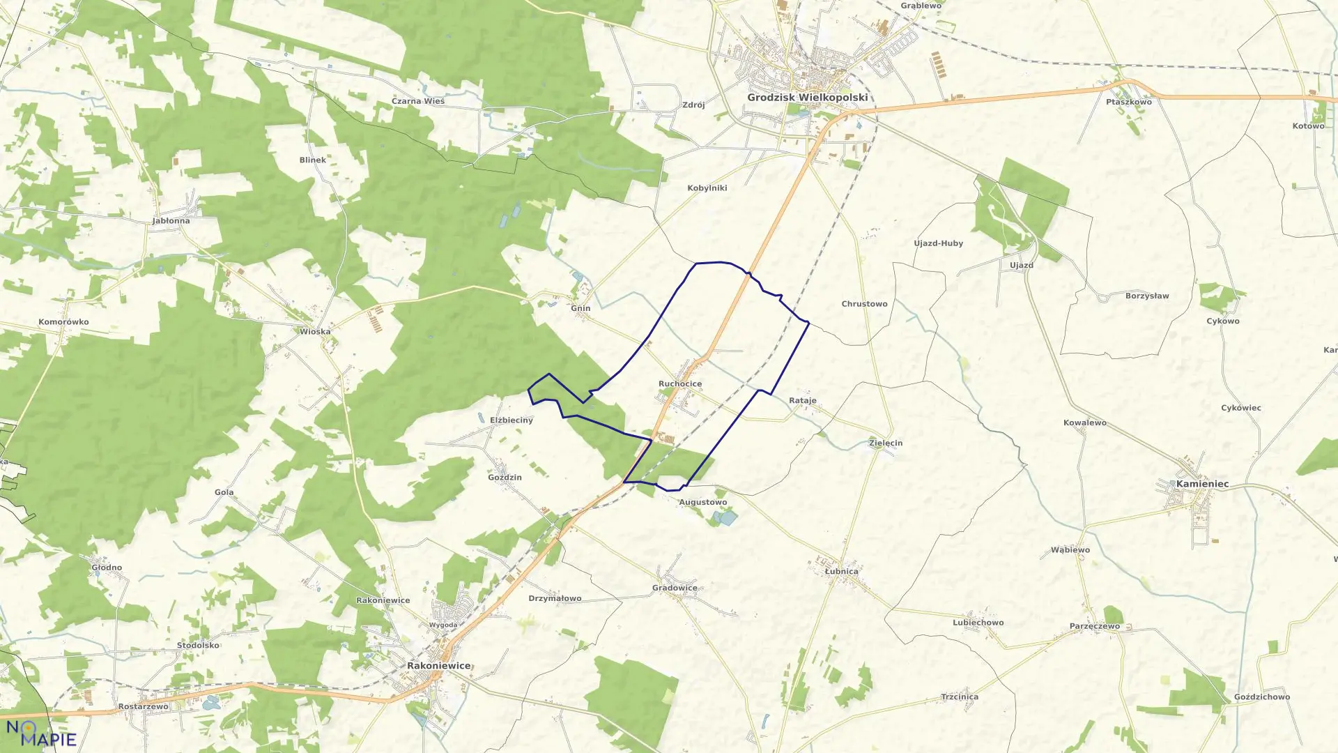 Mapa obrębu RUCHOCICE w gminie Rakoniewice